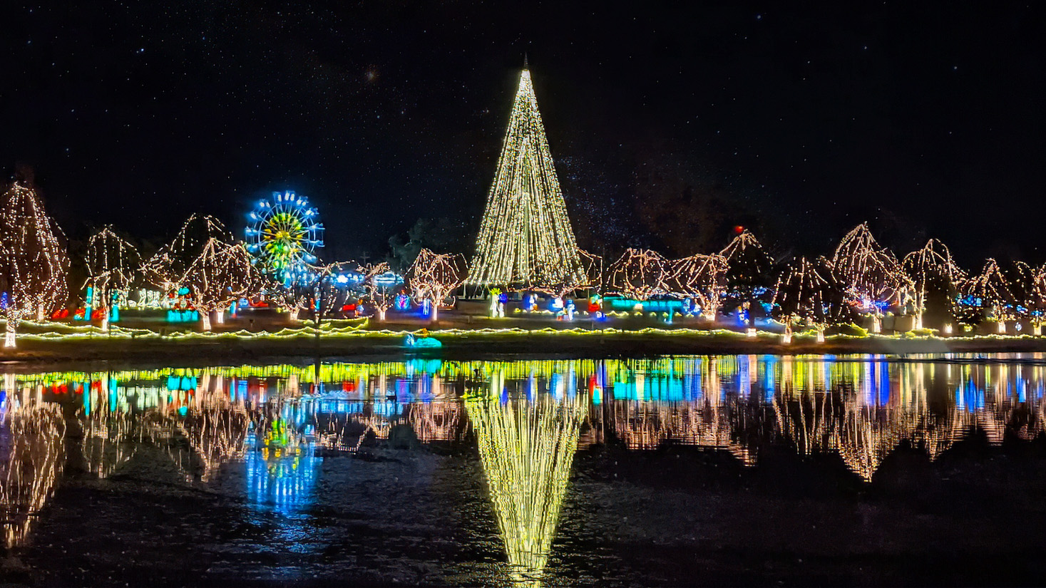Christmas lights reflecting on lake at night