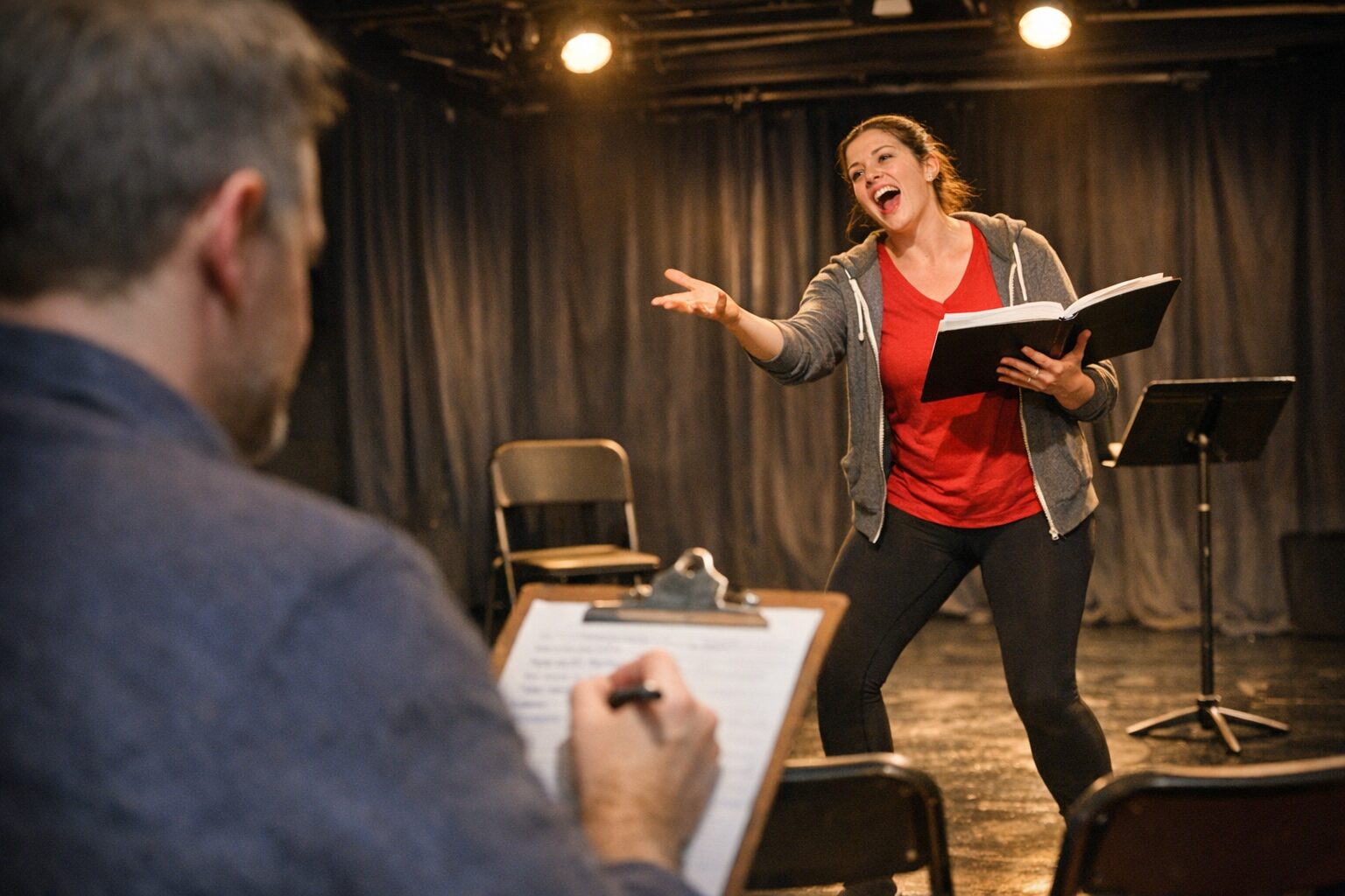 Community theatre audition on a small stage with performer holding sheet music.