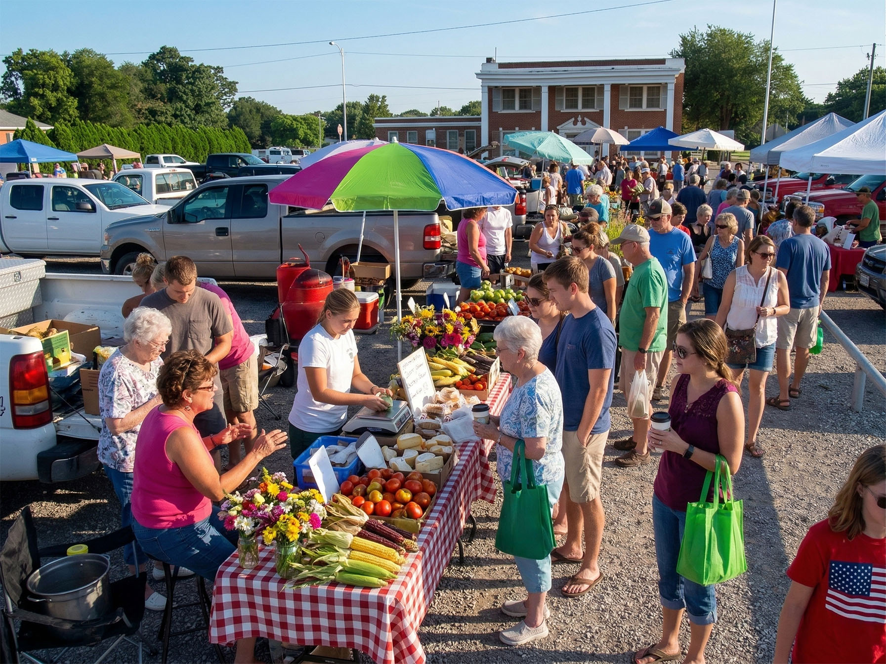 Crowded farmers market with colorful produce stands