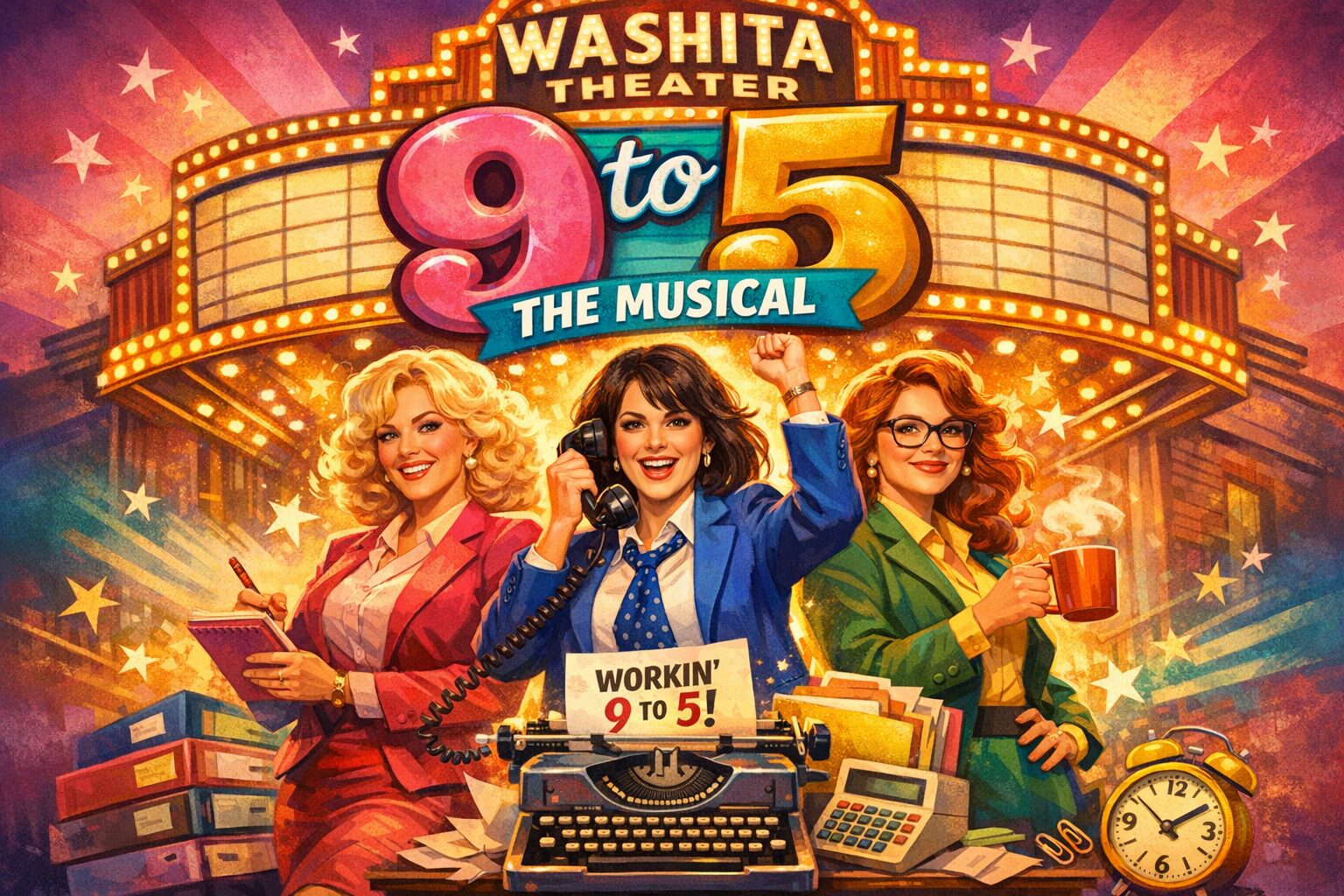 Promotional poster for 9 to 5 The Musical at Washita Theater, Aug 27 30, 2026