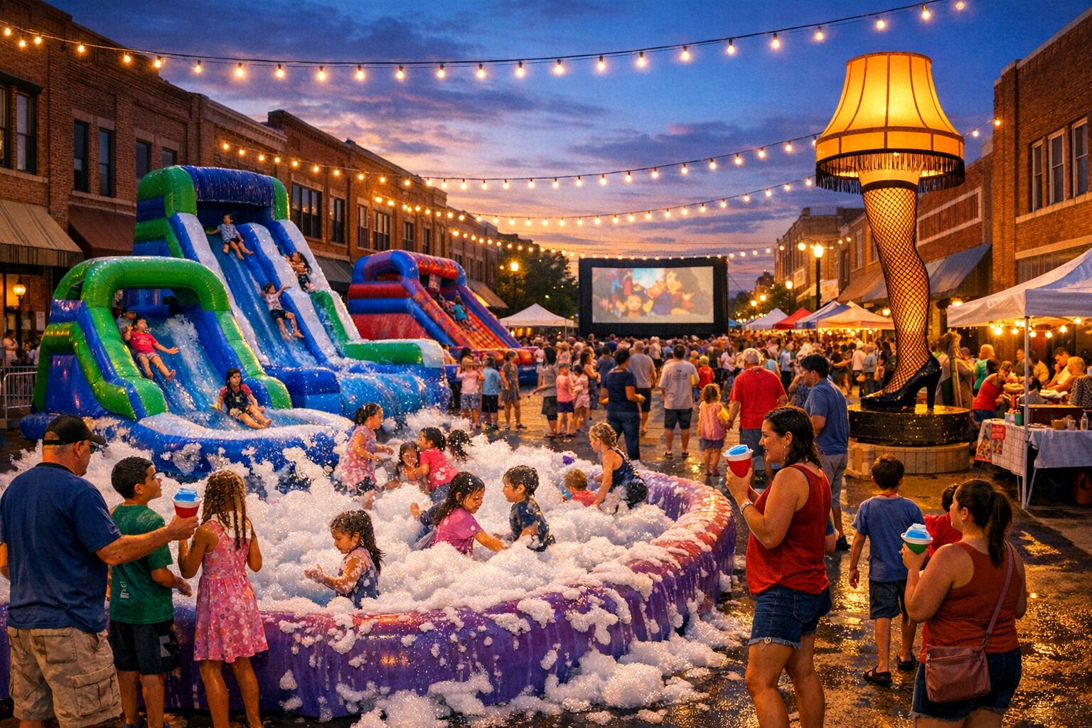 Families at a summer block party in downtown Chickasha with water slides, foam and vendor booths at dusk.