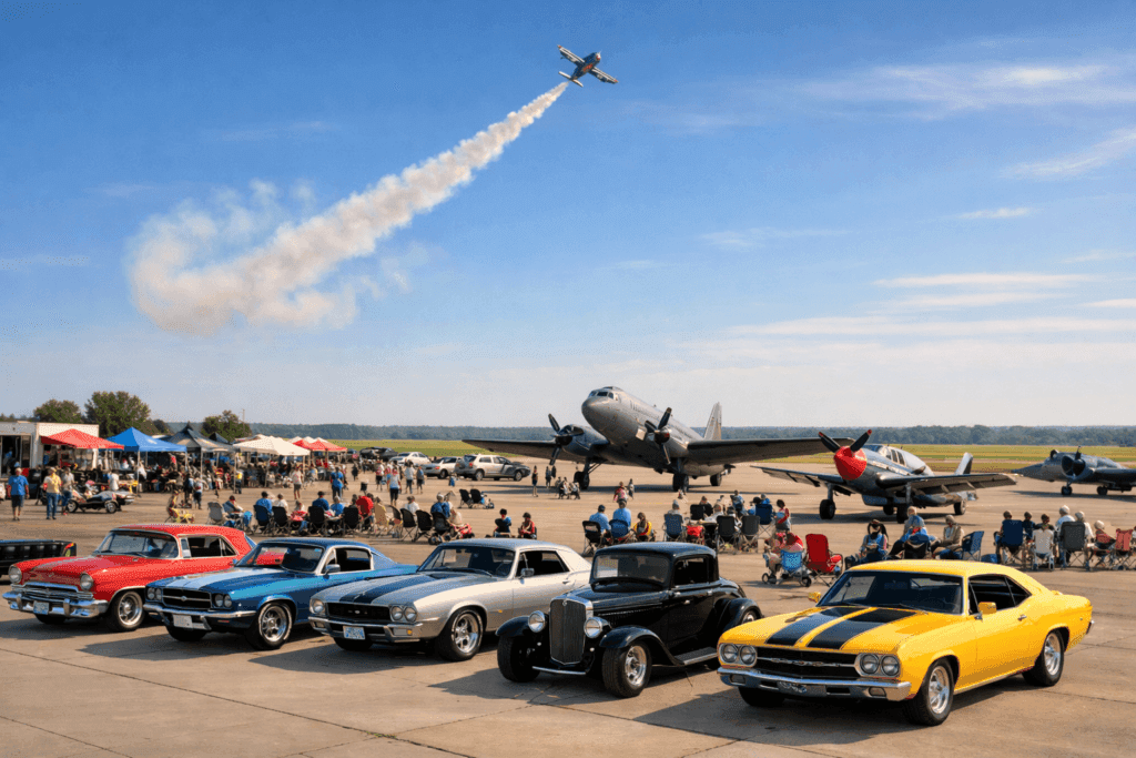 Vintage cars and airplanes at an airshow
