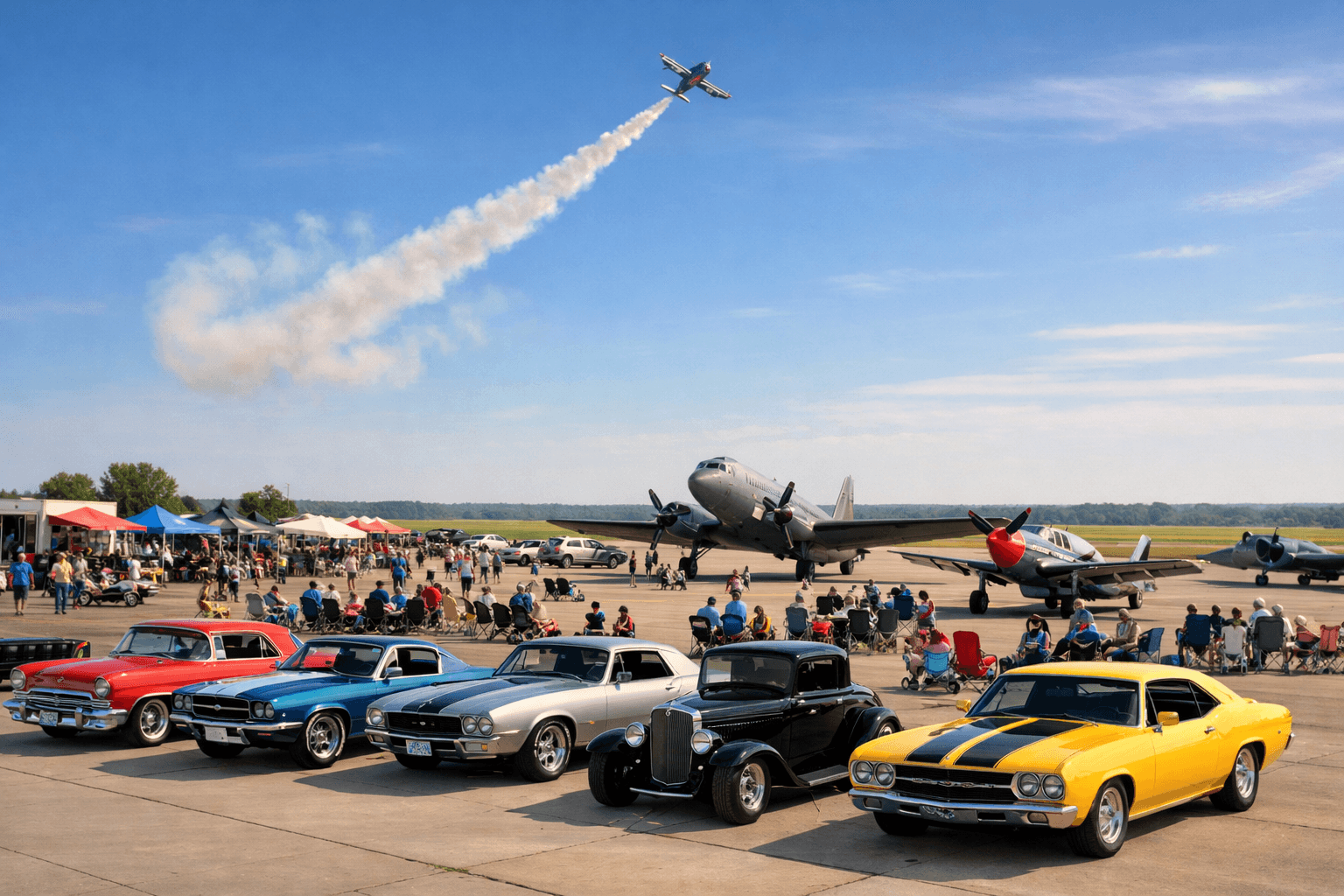 Vintage cars and airplanes at an airshow