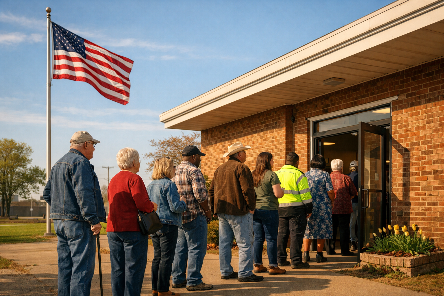 Voters line up outside polling station.