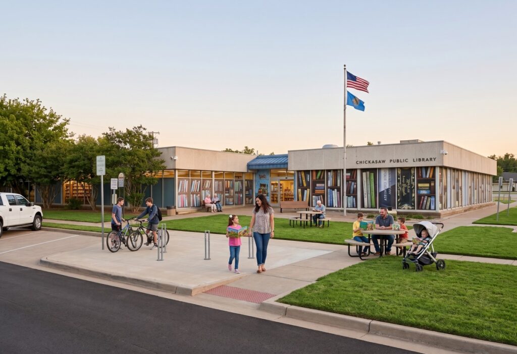 Families outside Chickasaw Public Library at sunset