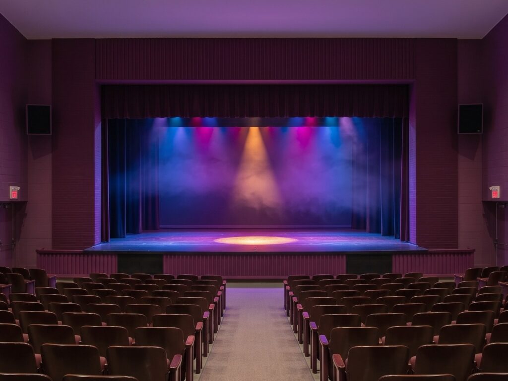 Empty theater stage with colorful spotlight lighting