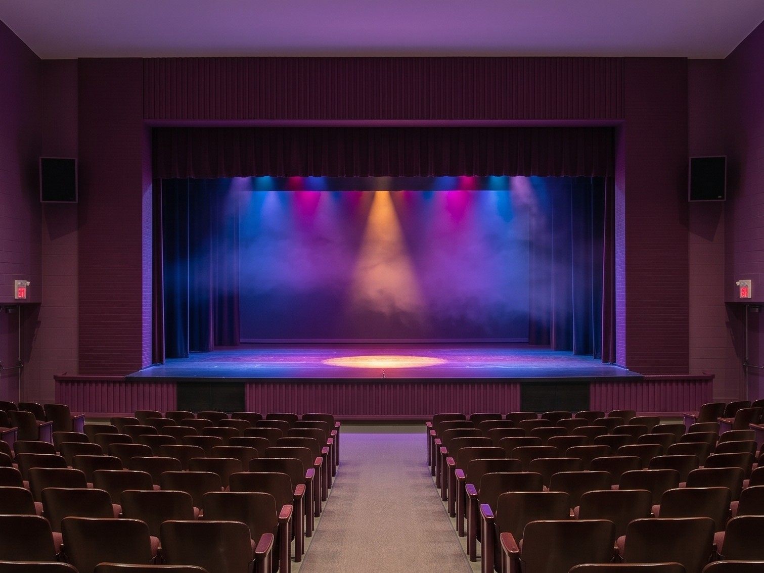 Empty theater stage with colorful spotlight lighting