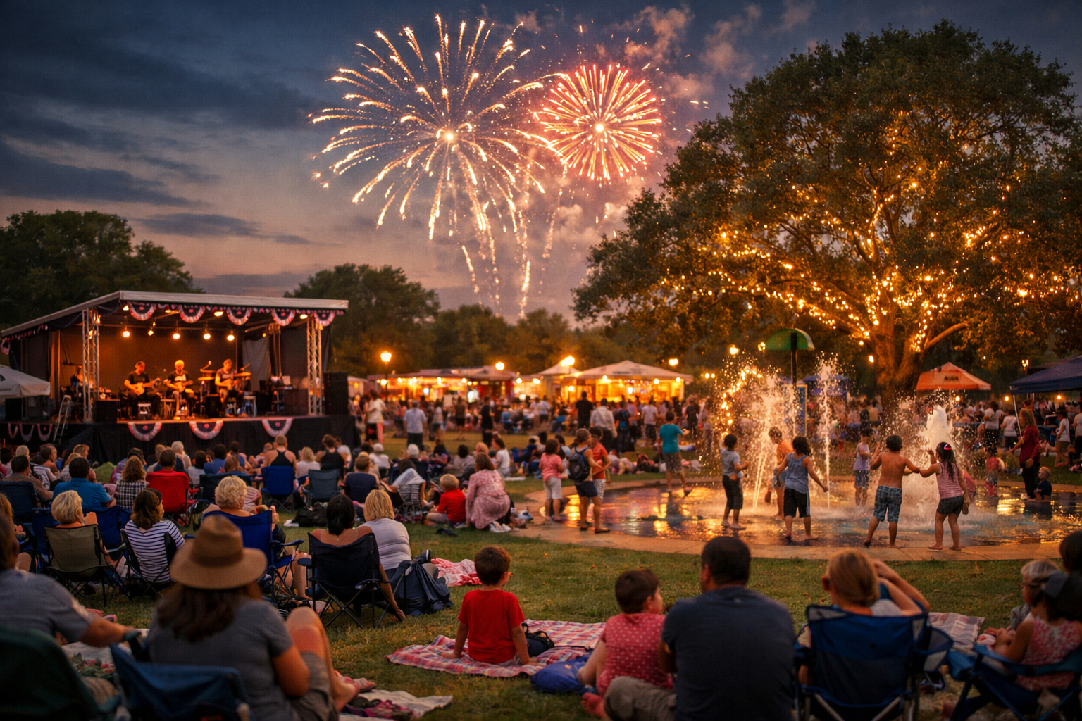Fireworks over a lively park festival