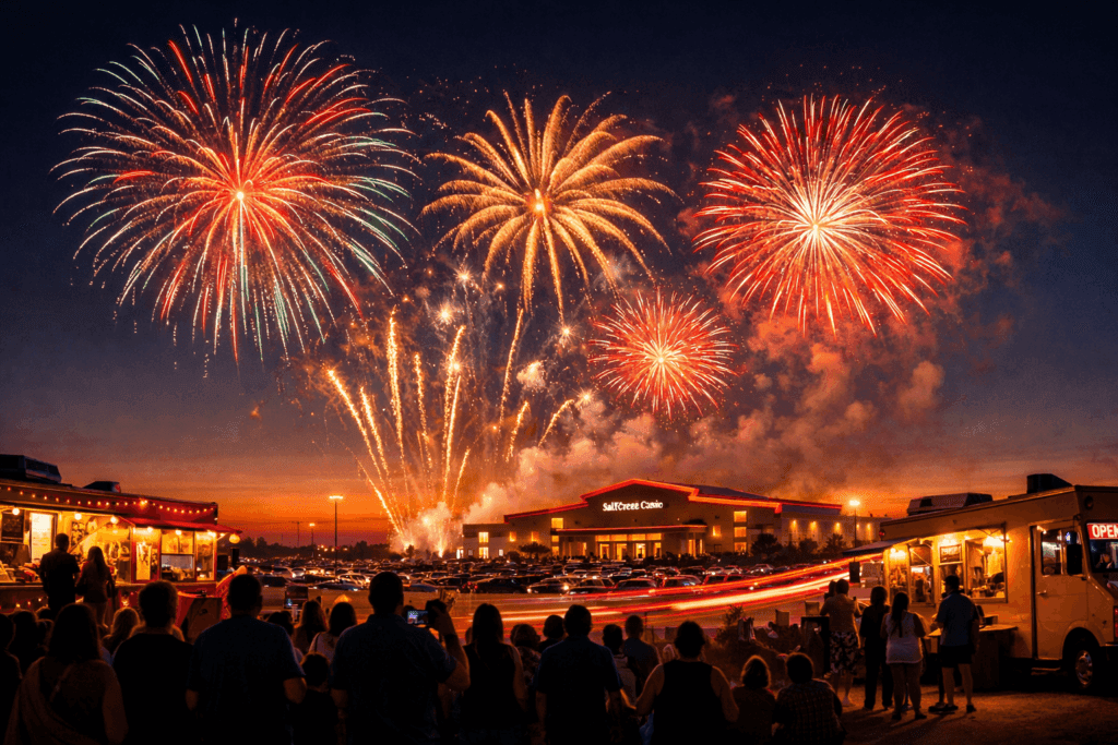 Colorful fireworks over a crowd at sunset.