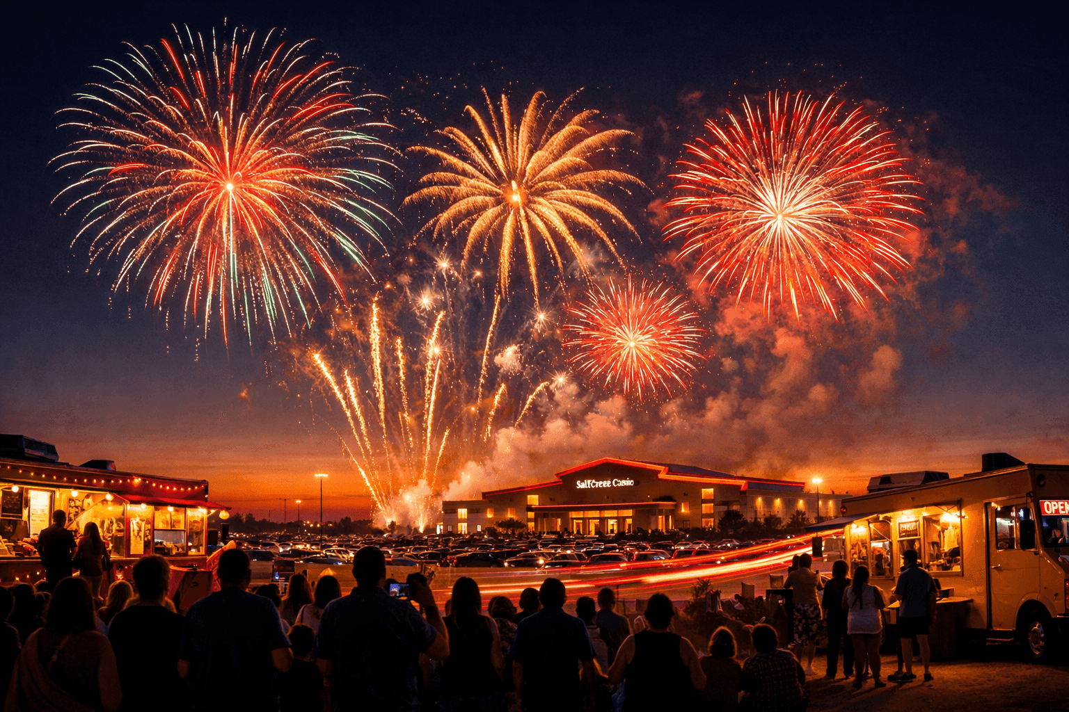 Colorful fireworks over a crowd at sunset.