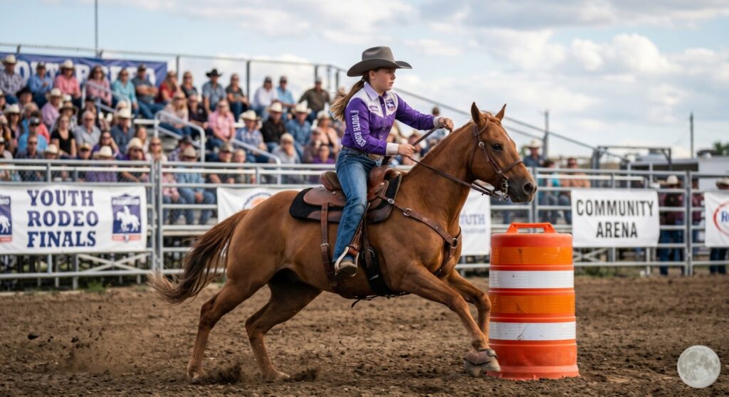 Young rider racing horse around barrel at rodeo