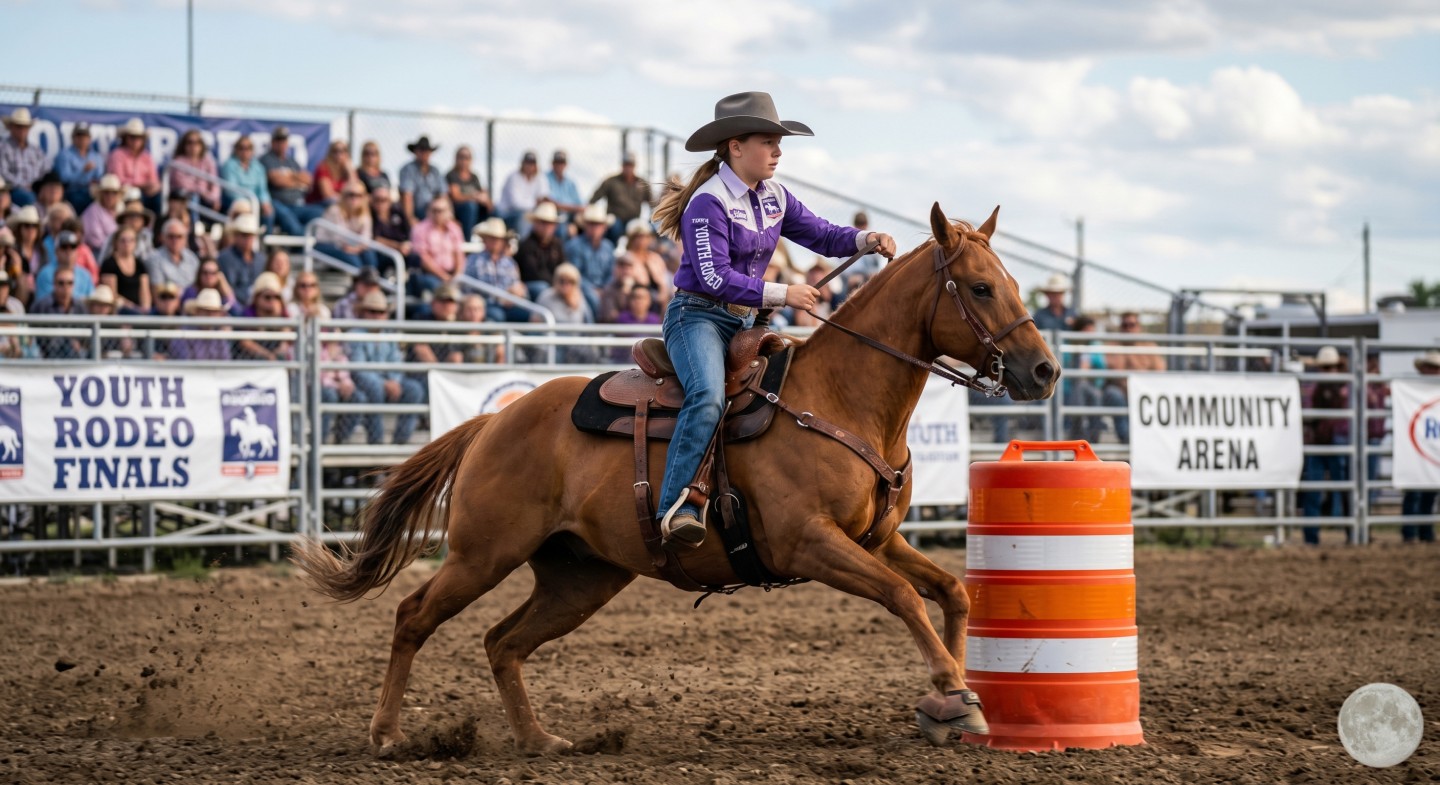 Young rider racing horse around barrel at rodeo