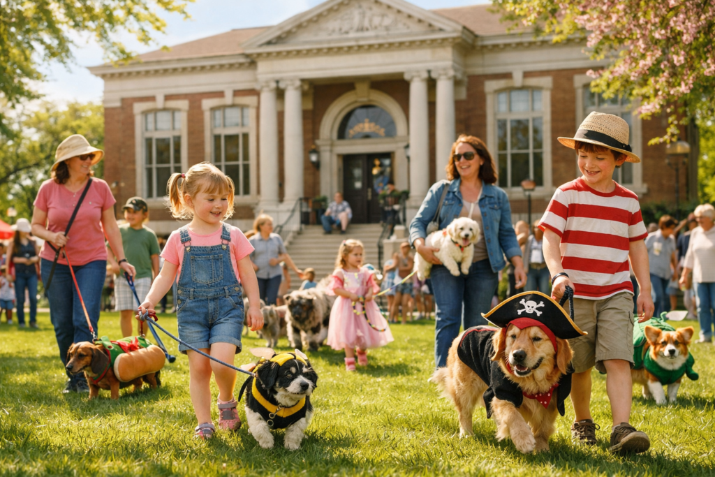 Children parading with costumed dogs