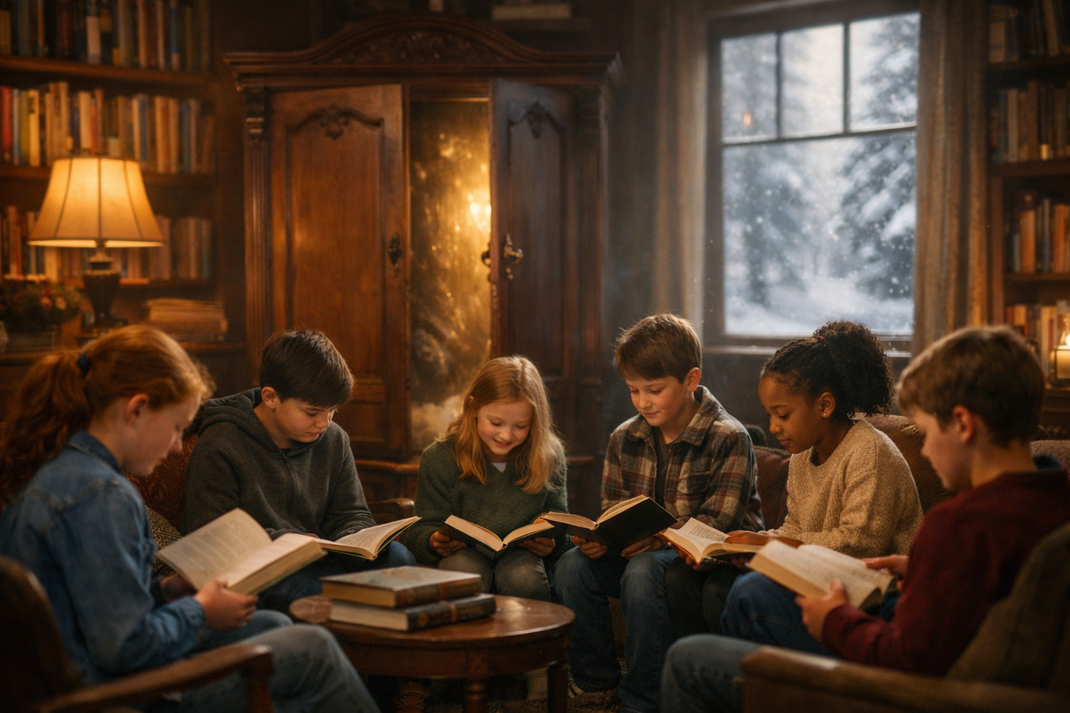 Children reading books in cozy library