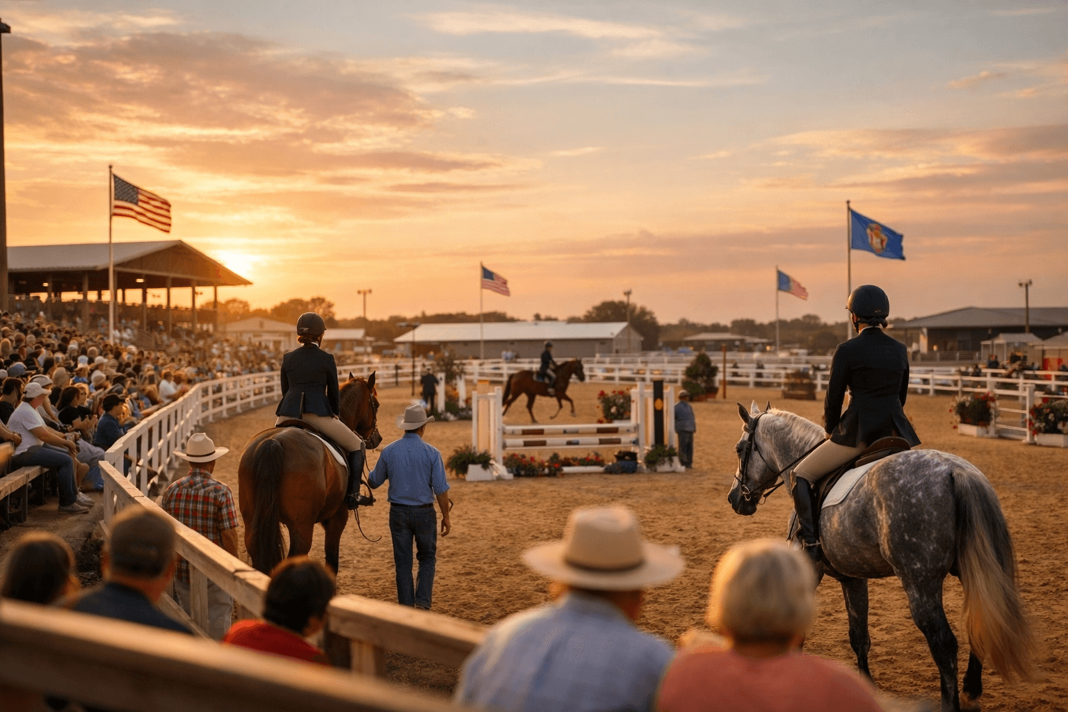 Equestrian event at sunset with audience watching.