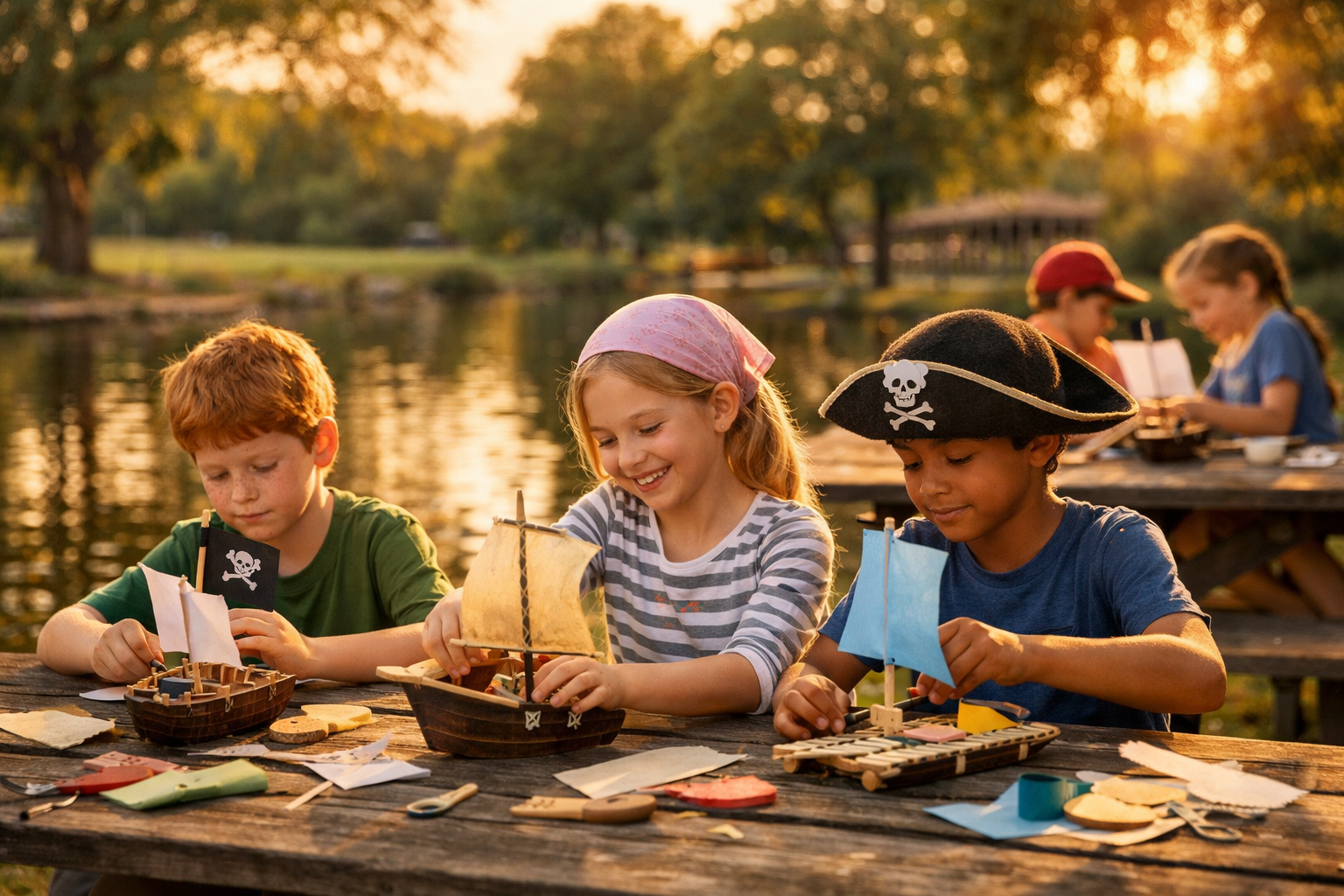 Kids crafting toy pirate ships by a lake.