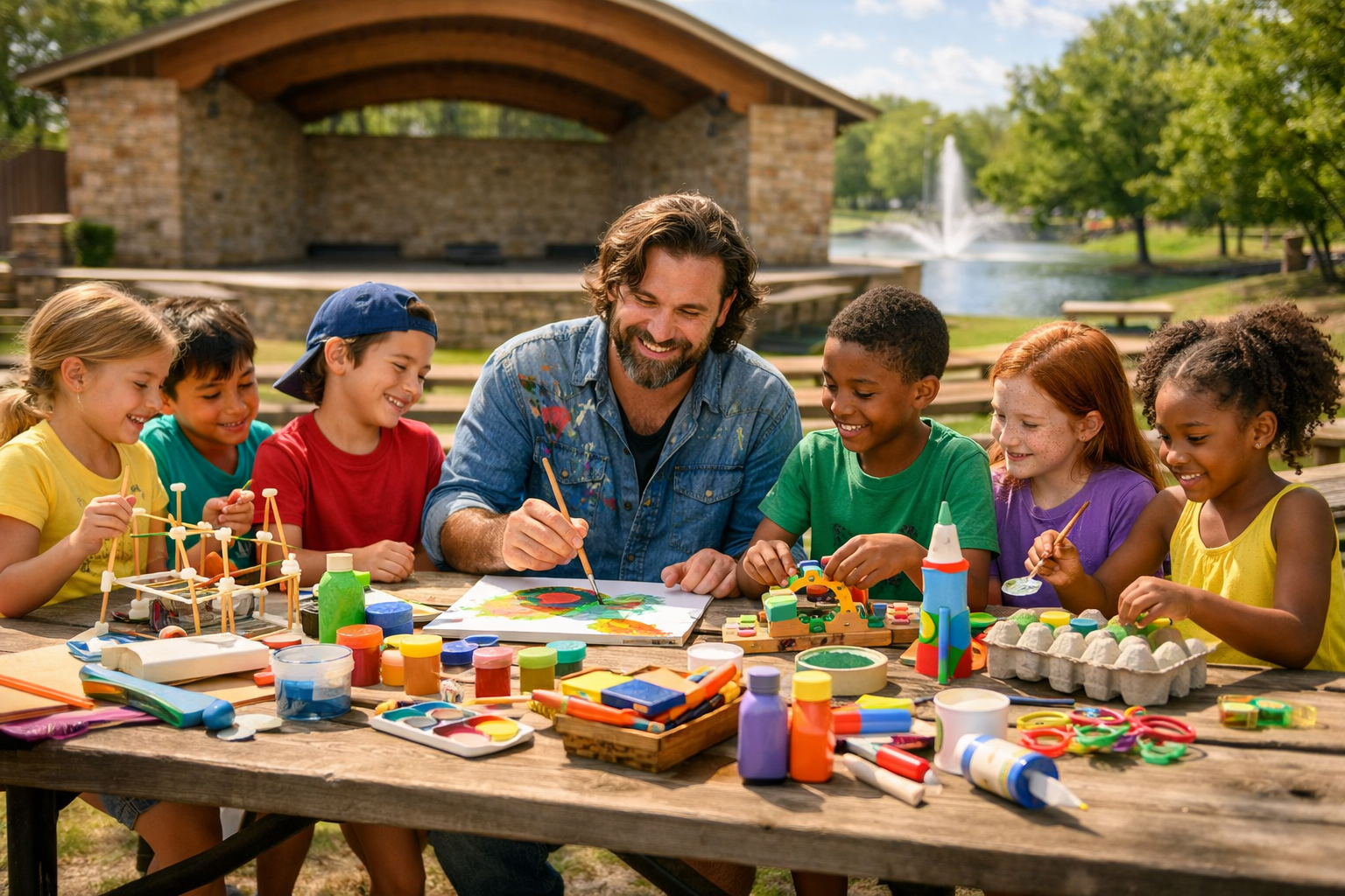 Children painting outdoors with an instructor.