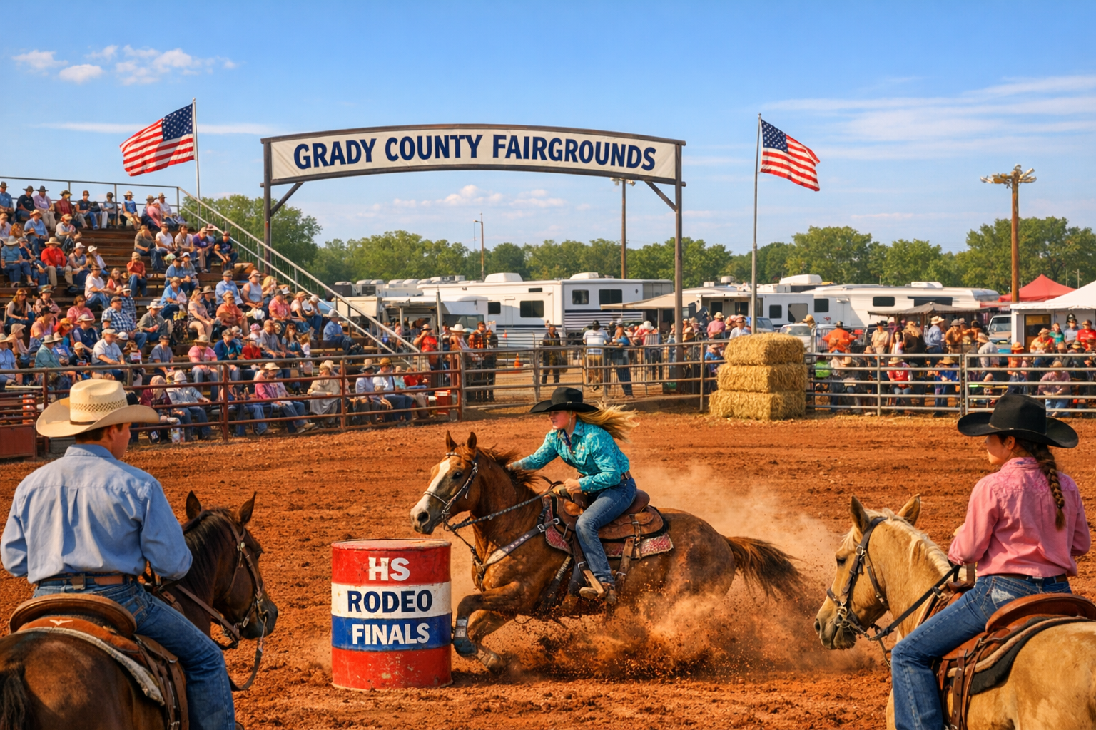 High school rodeo competitors and spectators at Grady County Fairgrounds arena