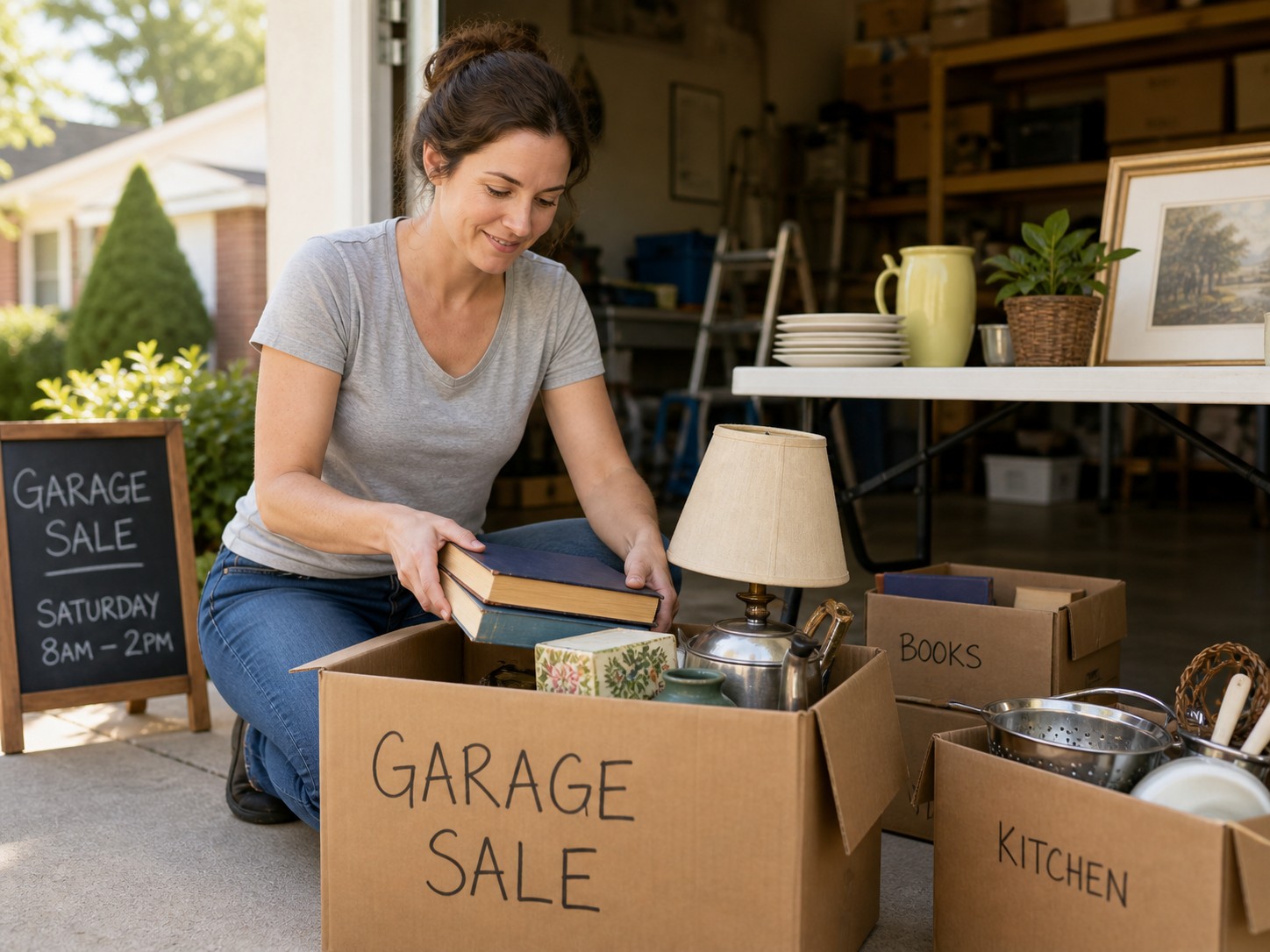 Woman organizing items for neighborhood garage sale