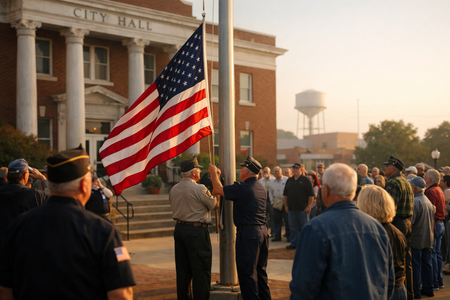 American flag raised outside city hall ceremony