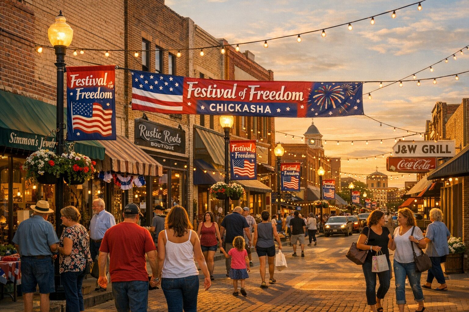 Downtown Chickasha with Festival of Freedom banners and people shopping