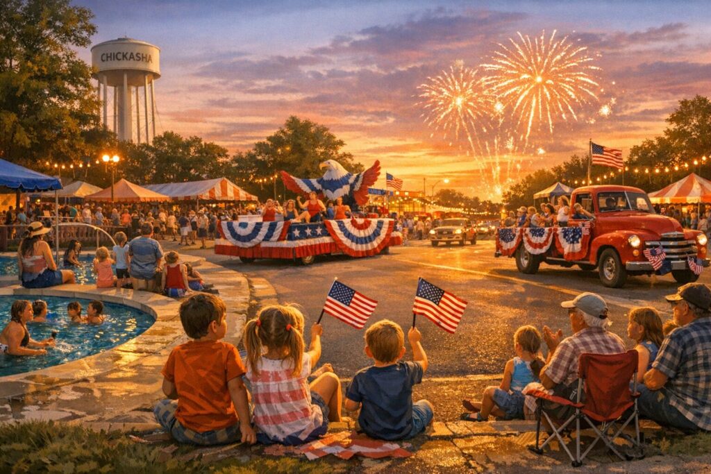 Family-friendly summer festival in Chickasha with parade-goers, flags, and park activities at dusk.