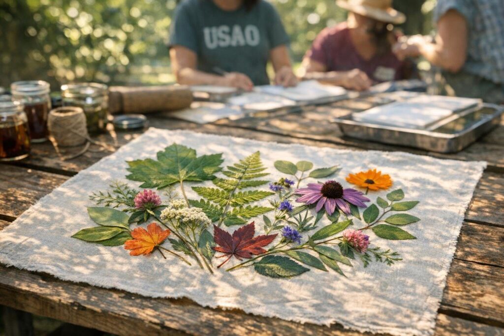 Leaves and flowers arranged on fabric for a botanical printing workshop at the USAO Habitat.