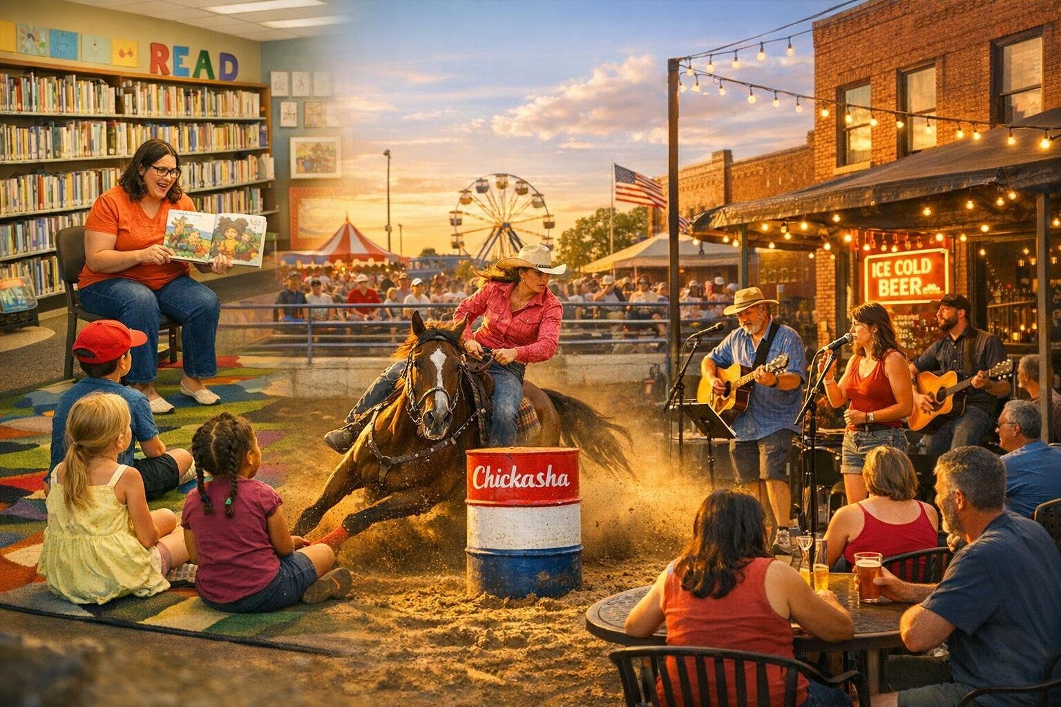 Collage: library storytime, barrel racing at fairgrounds, and live band at a Chickasha pub