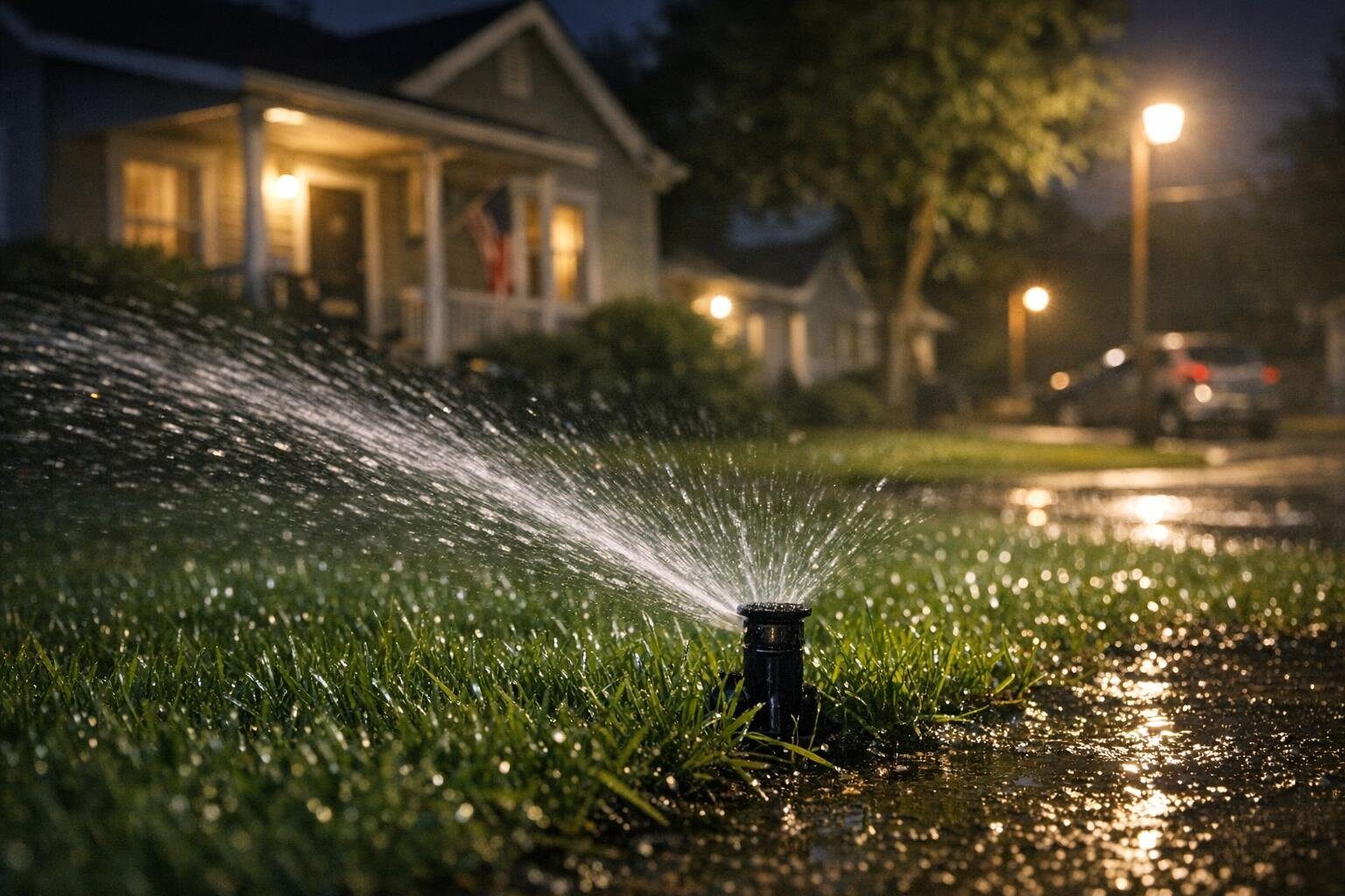Outdoor sprinkler at a Chickasha home illustrating new odd/even water rationing rules.
