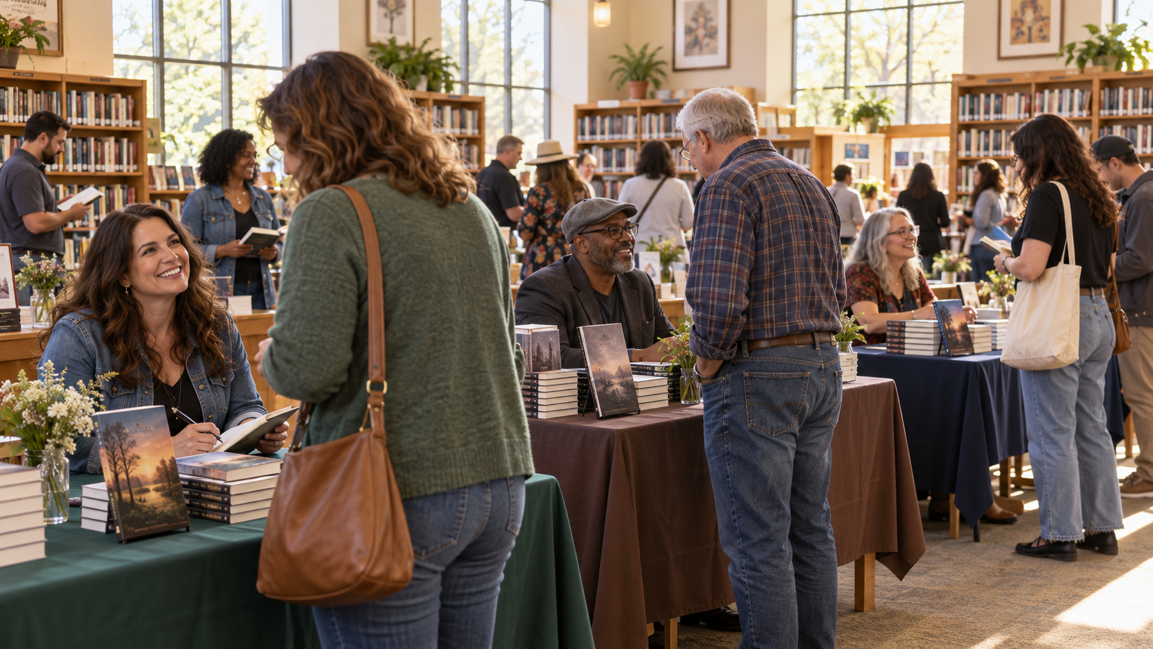 Editorial illustration of authors meeting readers at book tables inside a bright public library.