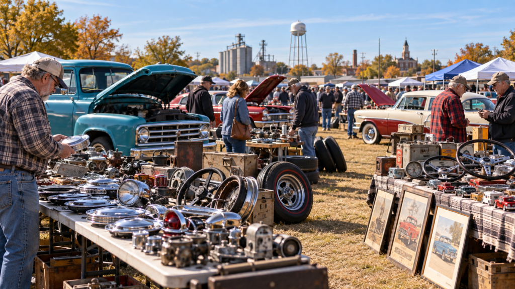 Editorial illustration of shoppers browsing vintage car parts and classic vehicles at an outdoor auto swap meet.