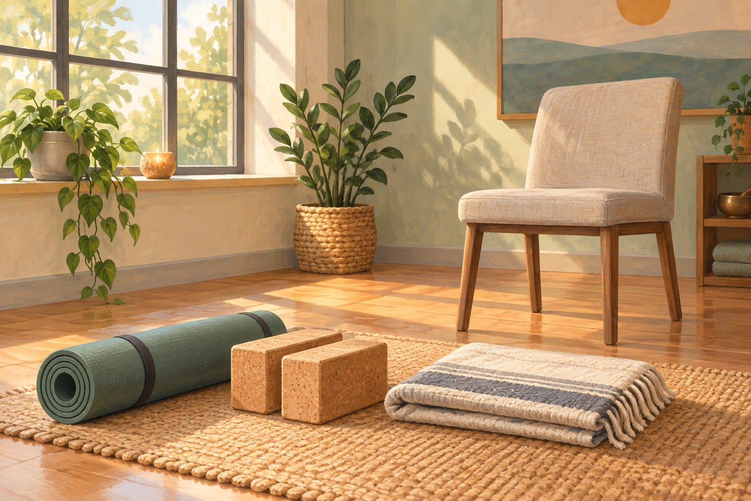 Illustration of a yoga mat, folded blanket, blocks and an empty chair.