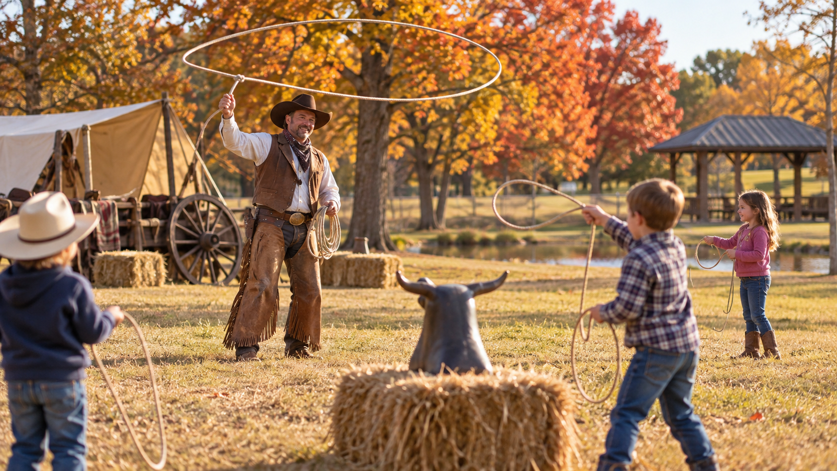 Editorial illustration of a Western-history interpreter demonstrating rope tricks for children in an autumn park.