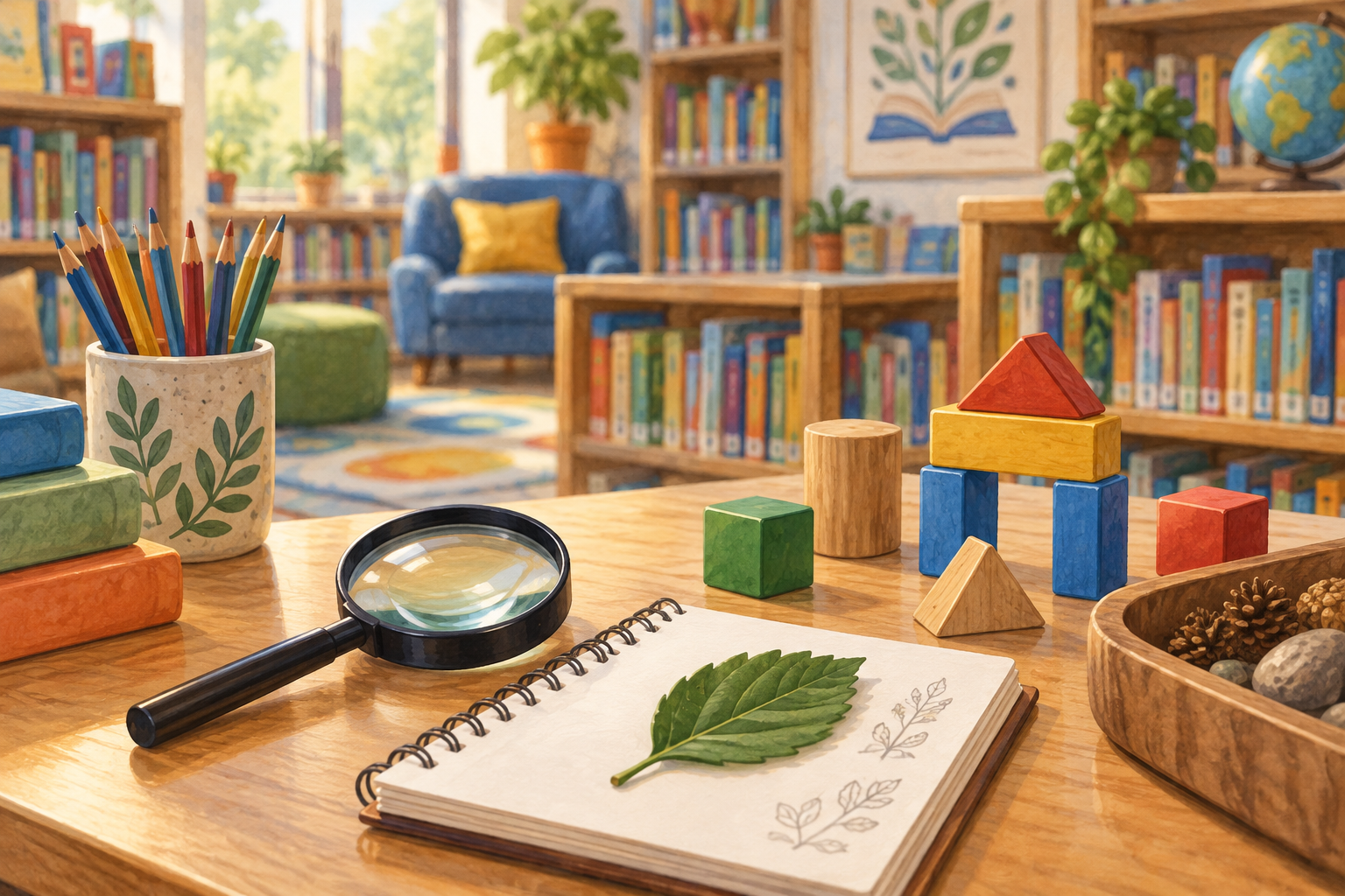 Illustration of a magnifying glass, notebook, leaf and colorful blocks on a library table.