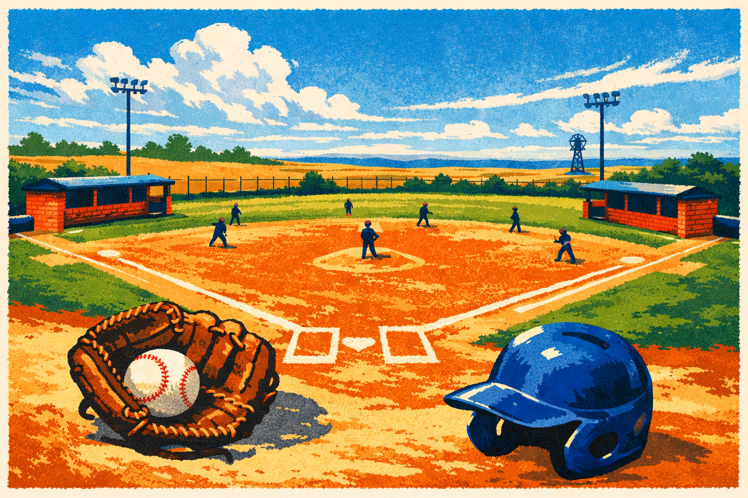 Editorial illustration of a youth baseball diamond, gloves and baseballs under an Oklahoma sky.