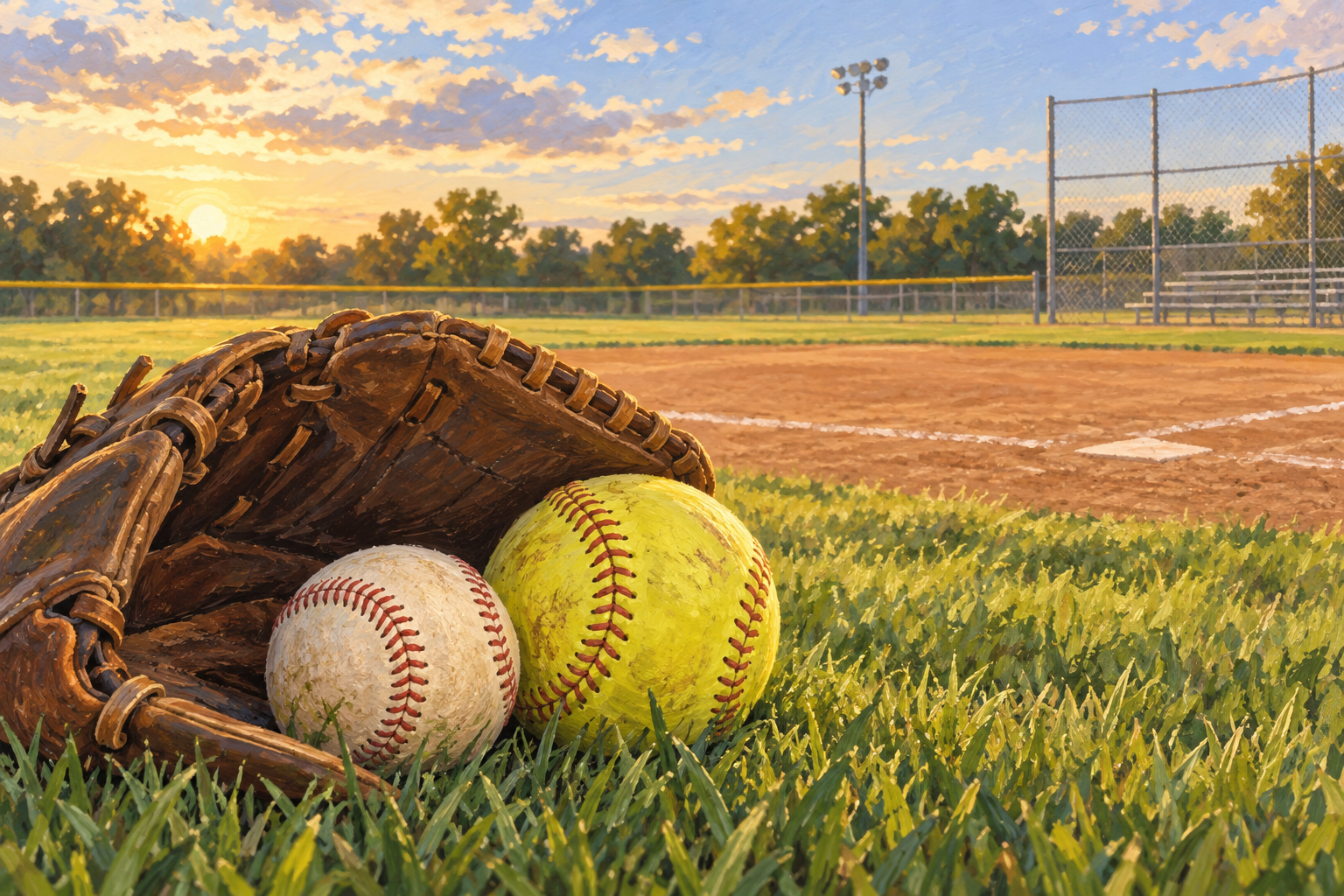 Illustration of a glove, baseball and softball beside a ballfield.