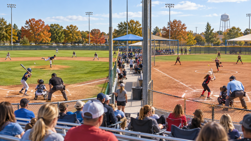 Editorial illustration of youth baseball and softball games taking place on adjacent fields at a sports complex.
