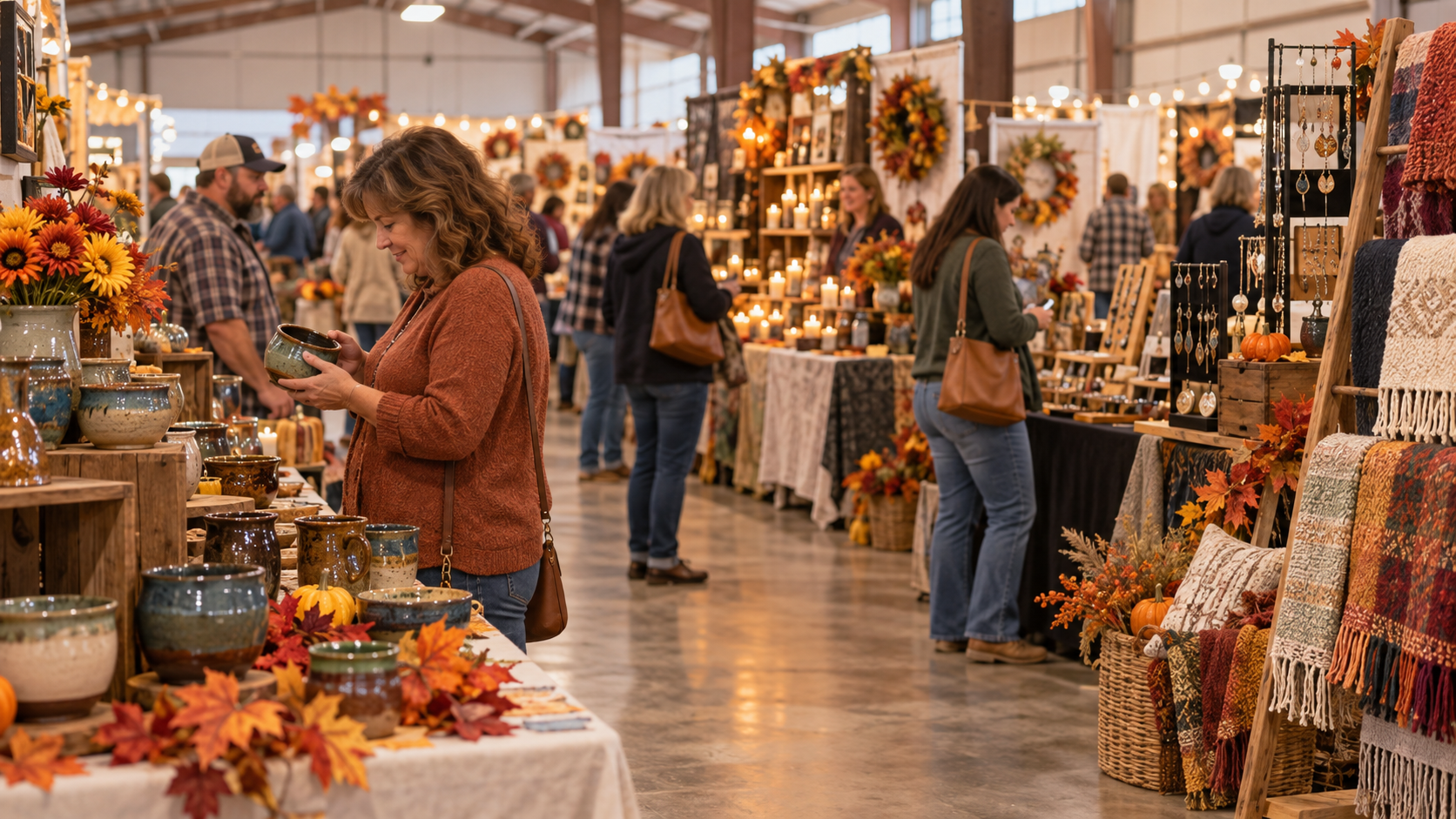 Editorial illustration of shoppers browsing pottery, textiles and autumn crafts inside a fairgrounds hall.