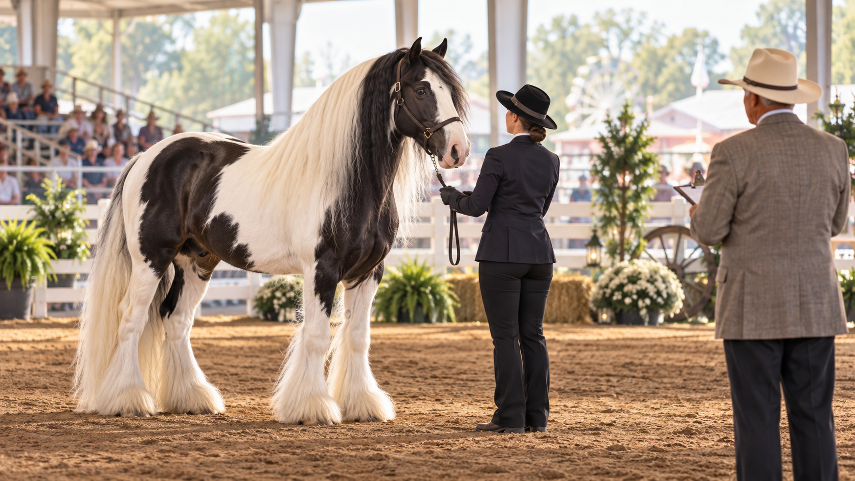 Editorial illustration of a feathered Gypsy horse being presented in an indoor show arena.