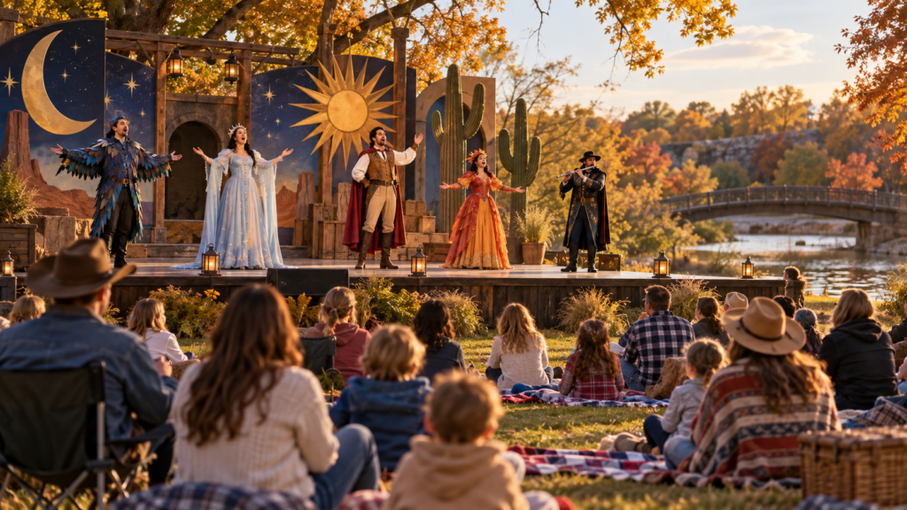 Editorial illustration of a family audience watching a Western-inspired outdoor opera performance in an autumn park.
