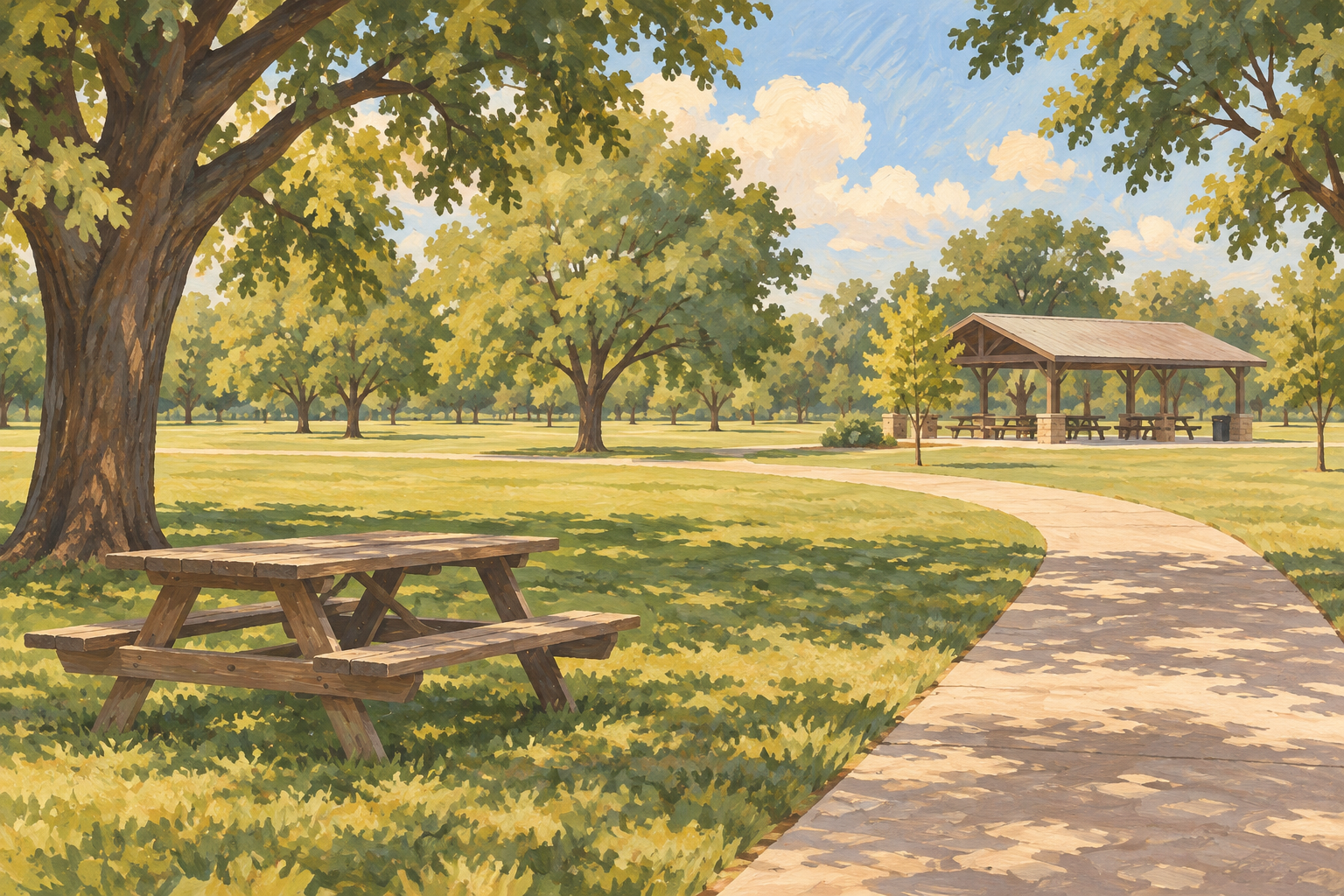 A picnic table, walking path and shelter in a leafy park.