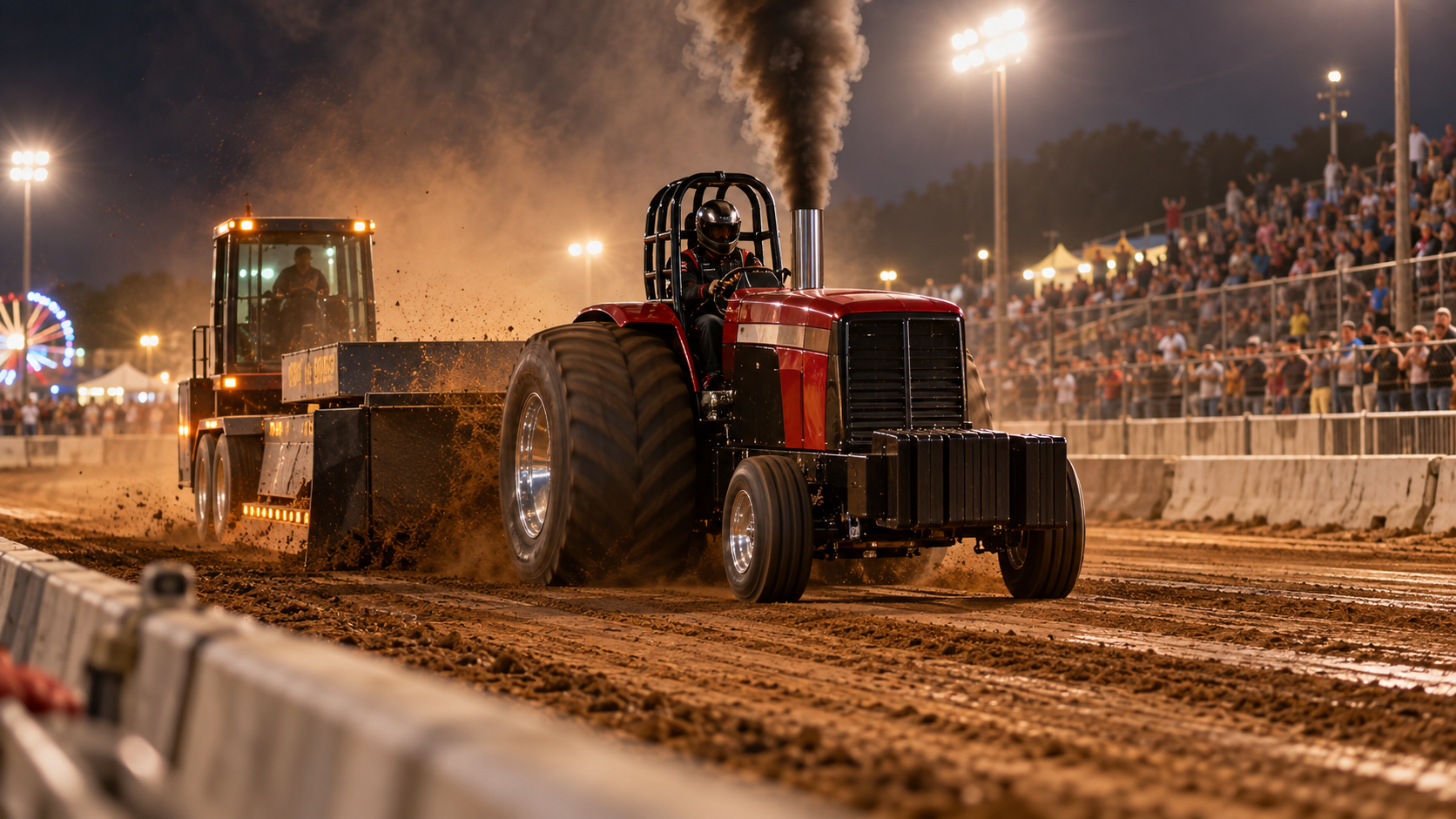 Editorial illustration of a modified tractor pulling a weighted sled on a lighted dirt track.