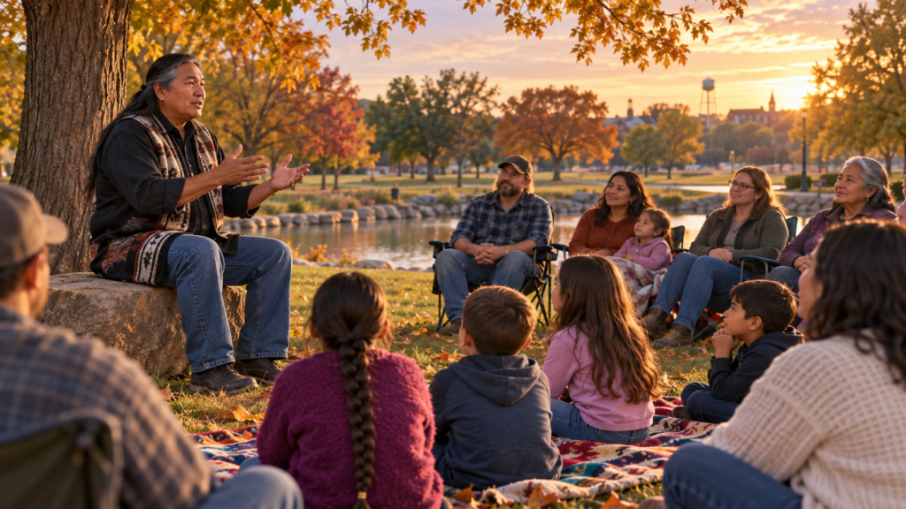 Respectful editorial illustration of a community listening to an Indigenous storyteller in an autumn park.