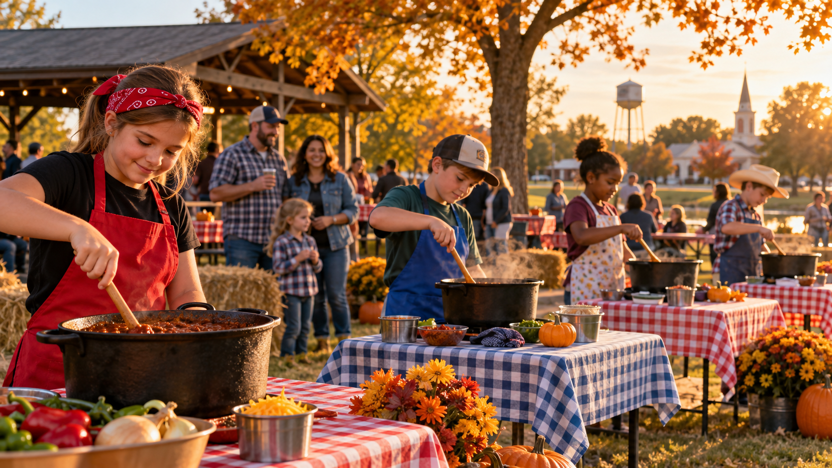 Editorial illustration of young cooks preparing chili at an autumn community event in a park.