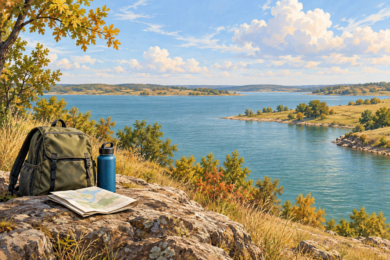 Illustrated lake landscape with a backpack, folded map and water bottle on a rocky shore.