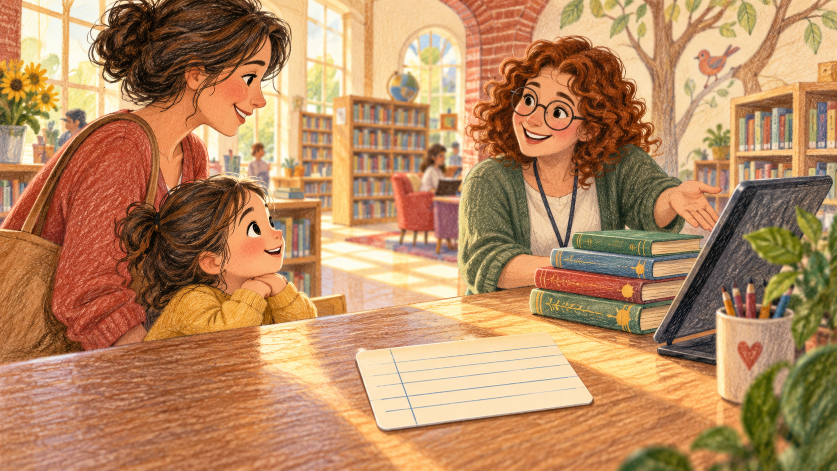 Illustration of a family speaking with a librarian at a library counter.