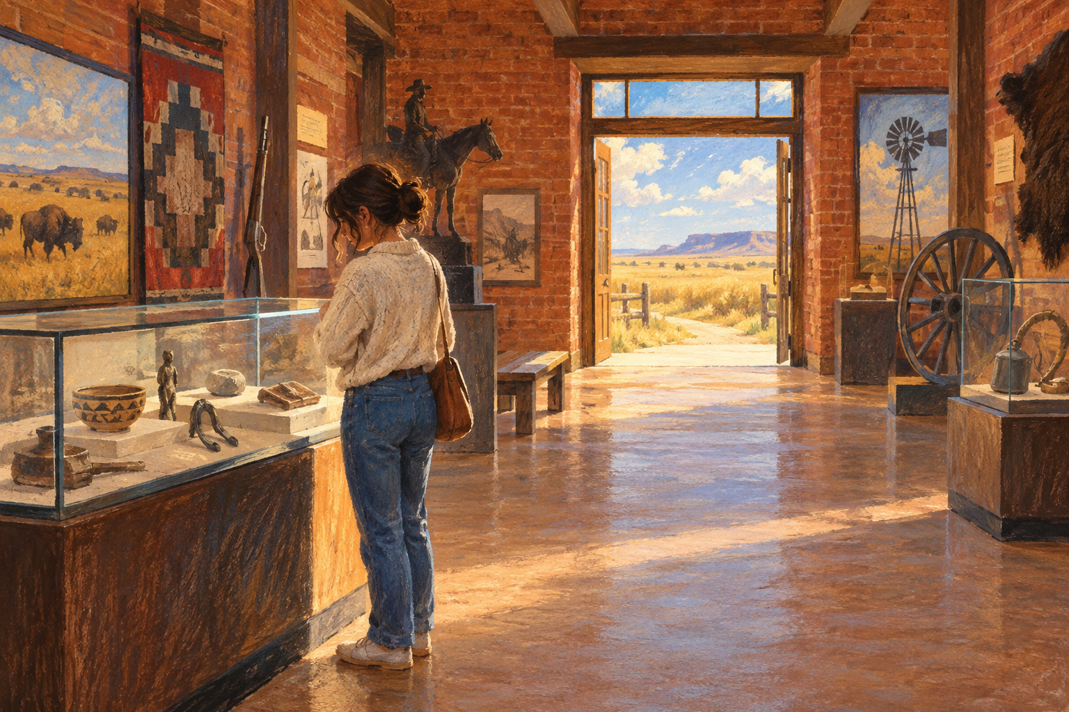 A visitor examining a conceptual local-history museum display