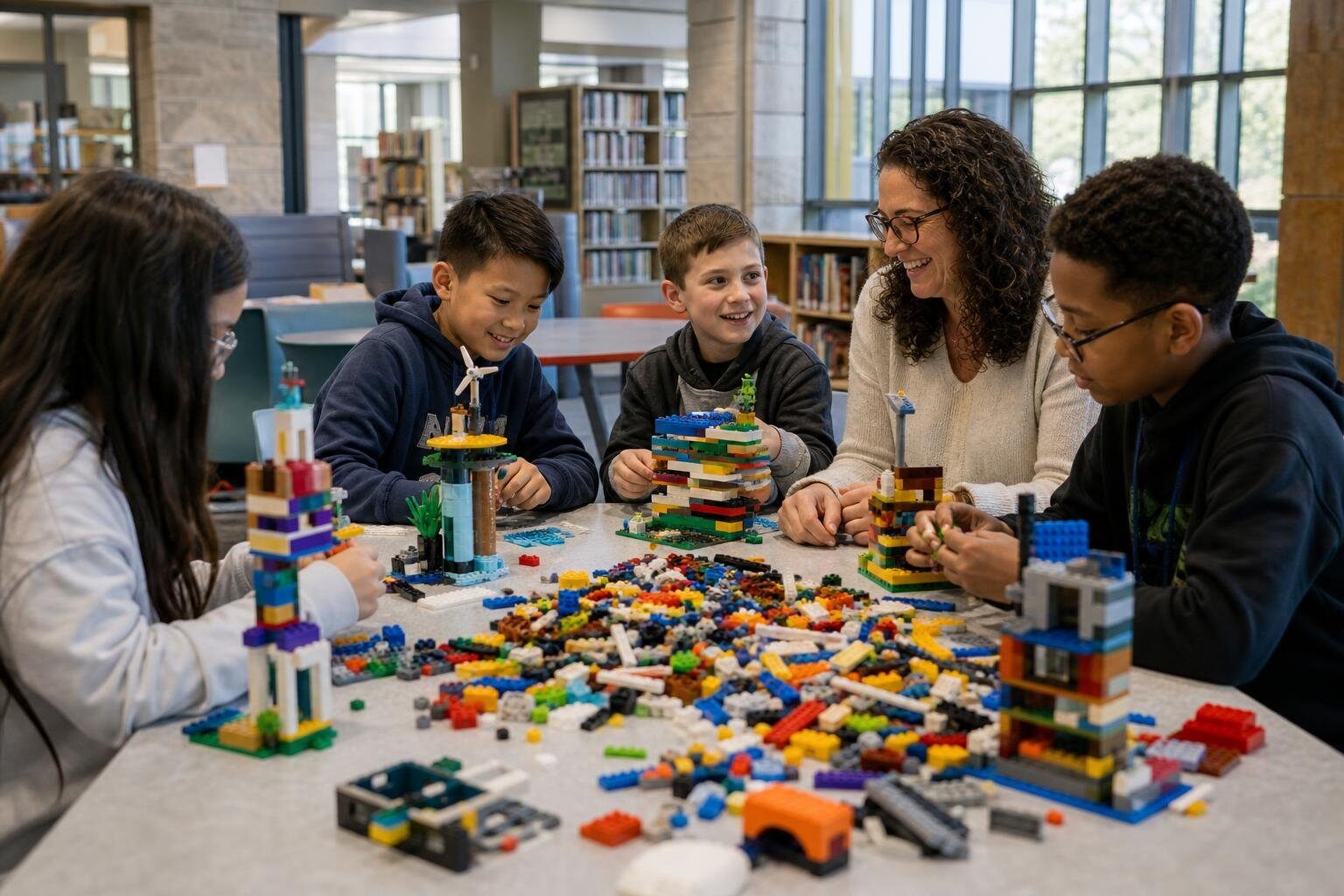 Colorful LEGO bricks and creations prepared for a youth building activity at a library.