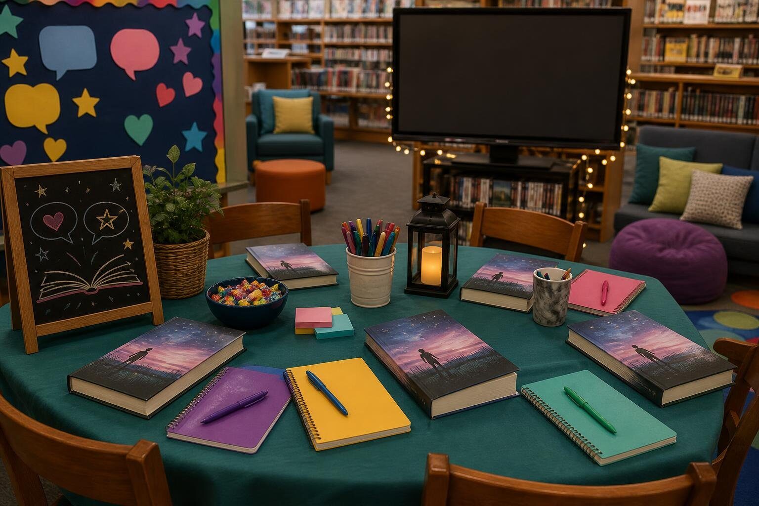 Books and discussion materials for a youth book club at a library.