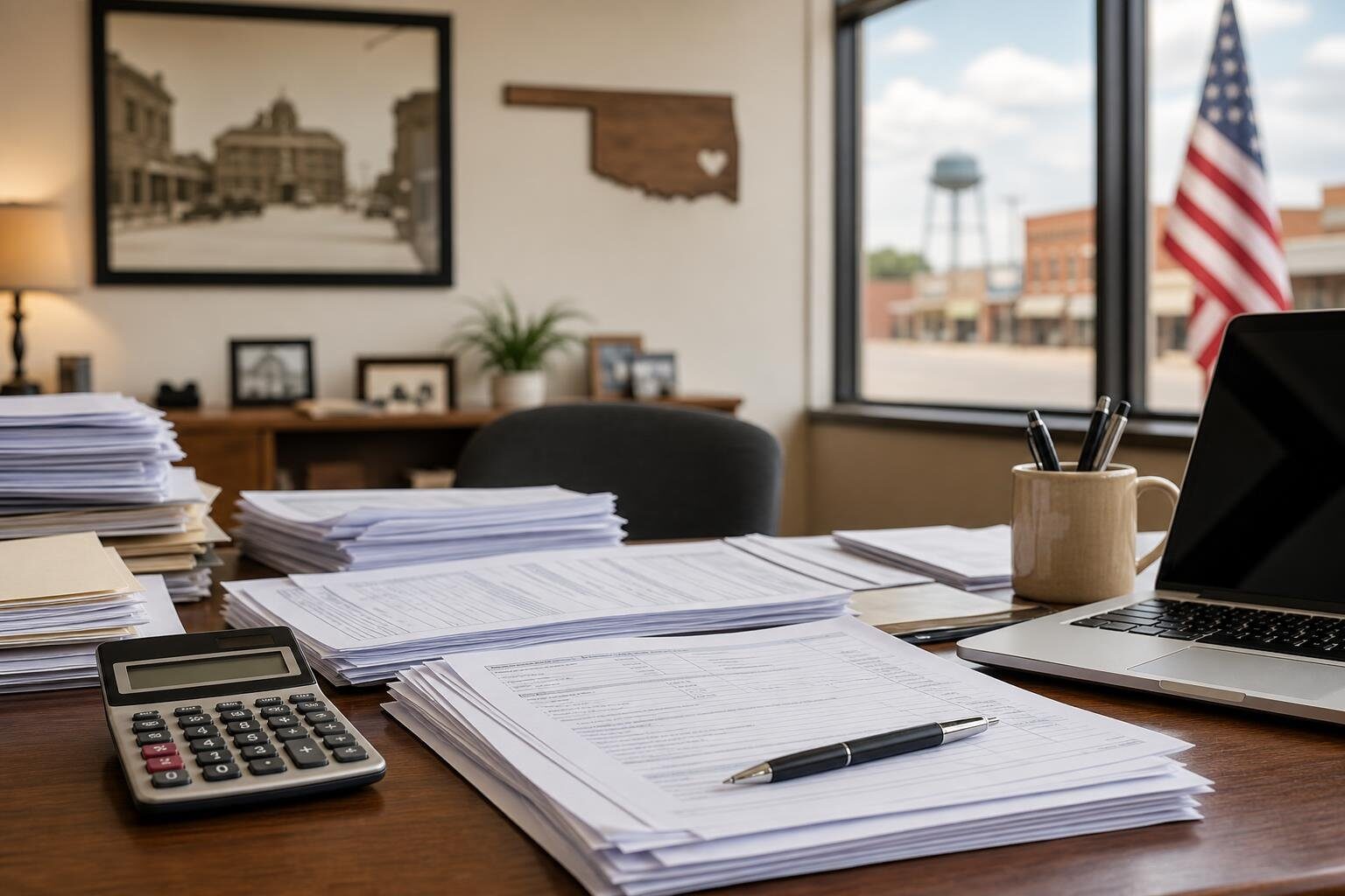 Tax preparation documents and calculator on a desk in Chickasha, Oklahoma.